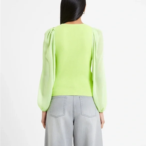 NWT French Connection Mozart Melody Mix V-Neck Jumper Lime Green Balloon Sleeves - Picture 8 of 9